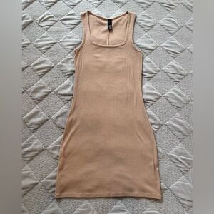 Bobi Light Brown Square Neck Ribbed Mini Dress